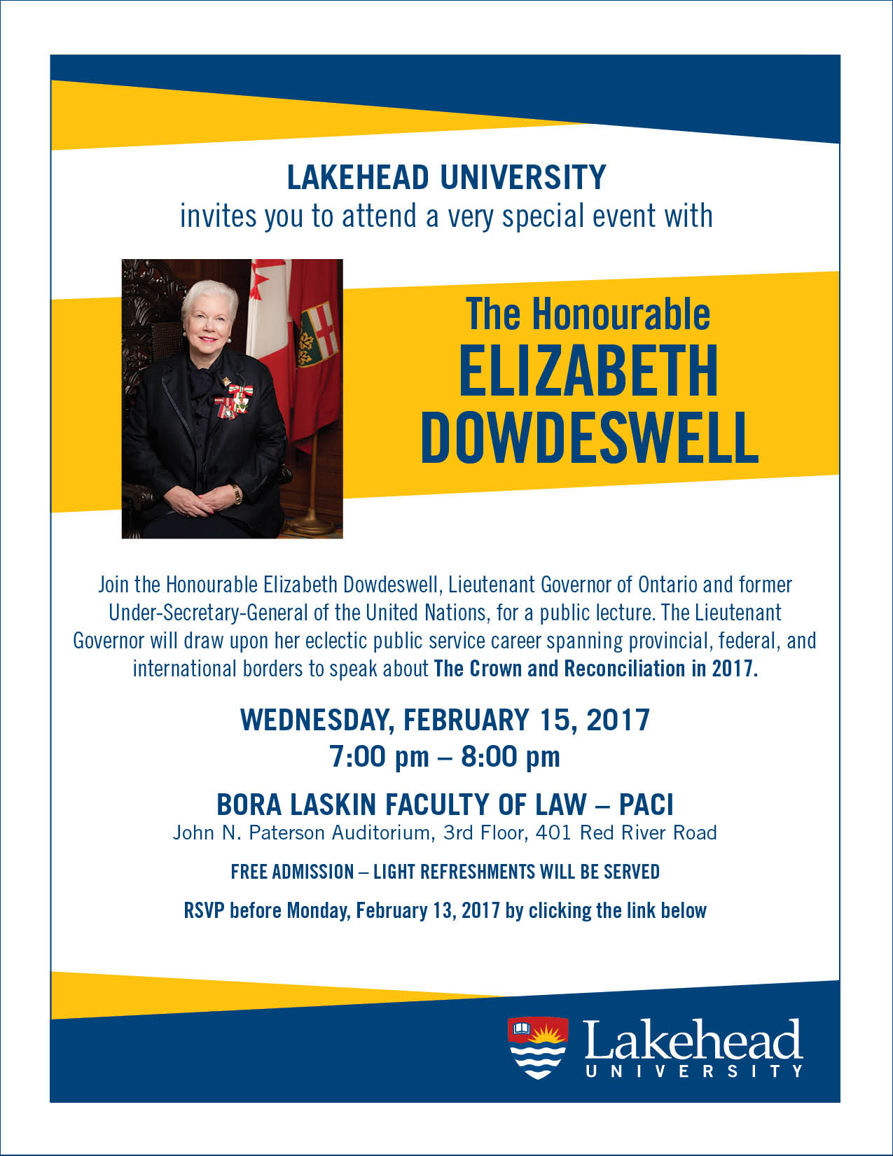 Poster for the upcoming lecture event featuring Elizabeth Dowdeswell