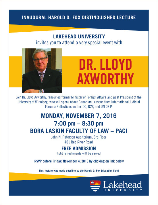 Poster for the upcoming lecture event featuring Lloyd Axworthy