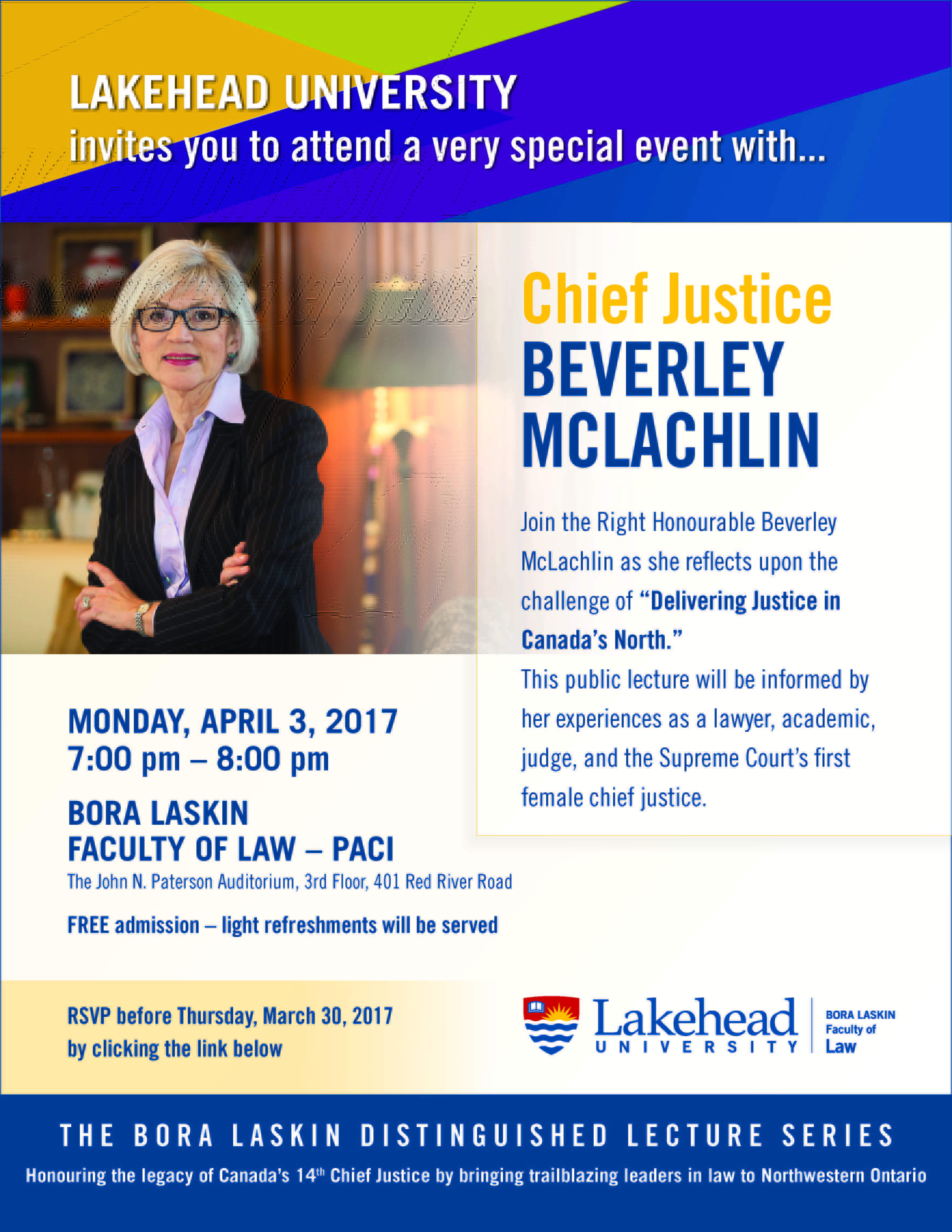 Poster for the upcoming lecture event featuring Beverly McLachlin