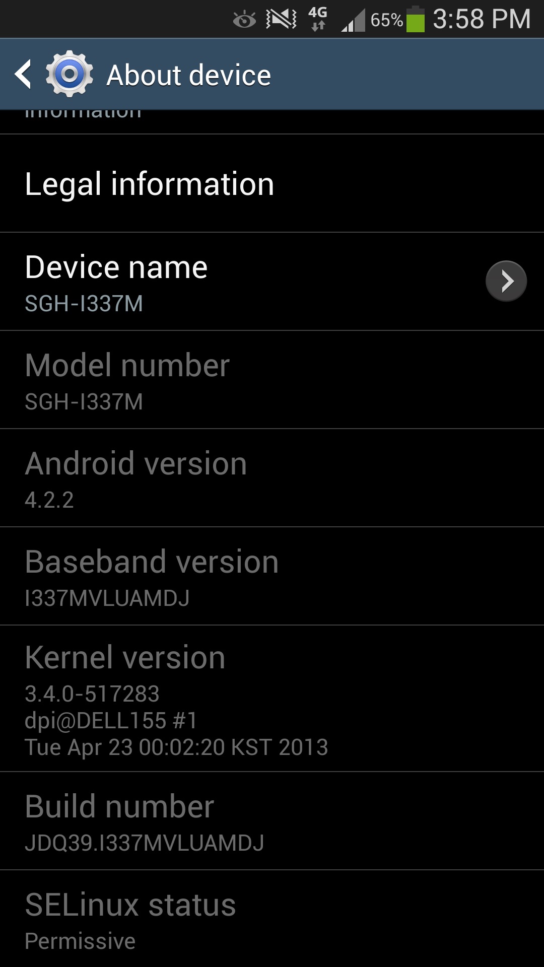 Picture of device information showing android operating system version