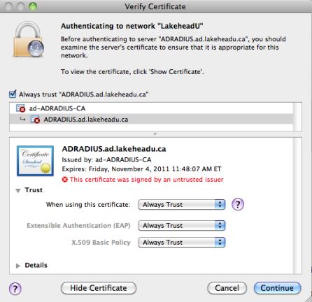 Display showing always trust and to confirm to verify certificate