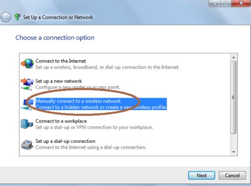 Curser selecting manually connect to a wireless network