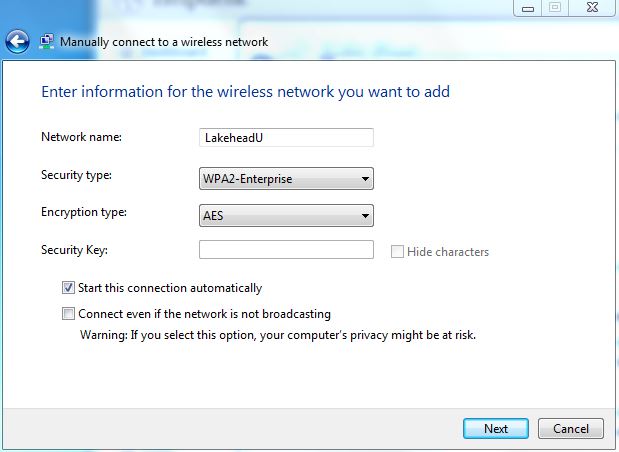 Configuration window allowing you to enter network name, encryption type and security type
