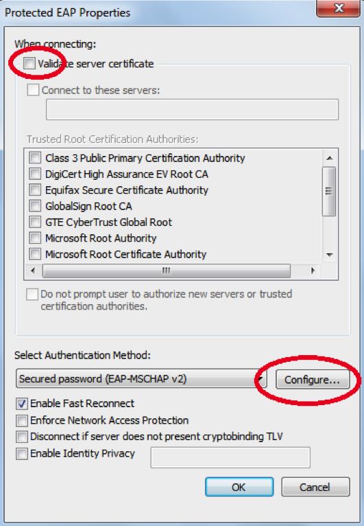 Configuration window showing to un check validate server certificate
