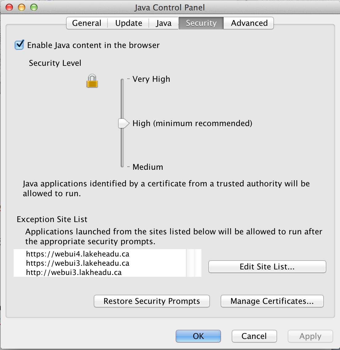 Java control panel exceptions window