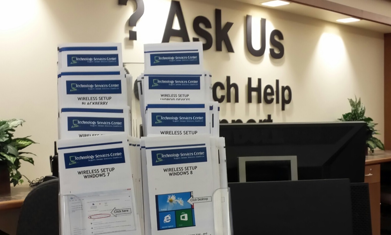 Helpdesk library location showing pamphlets handouts