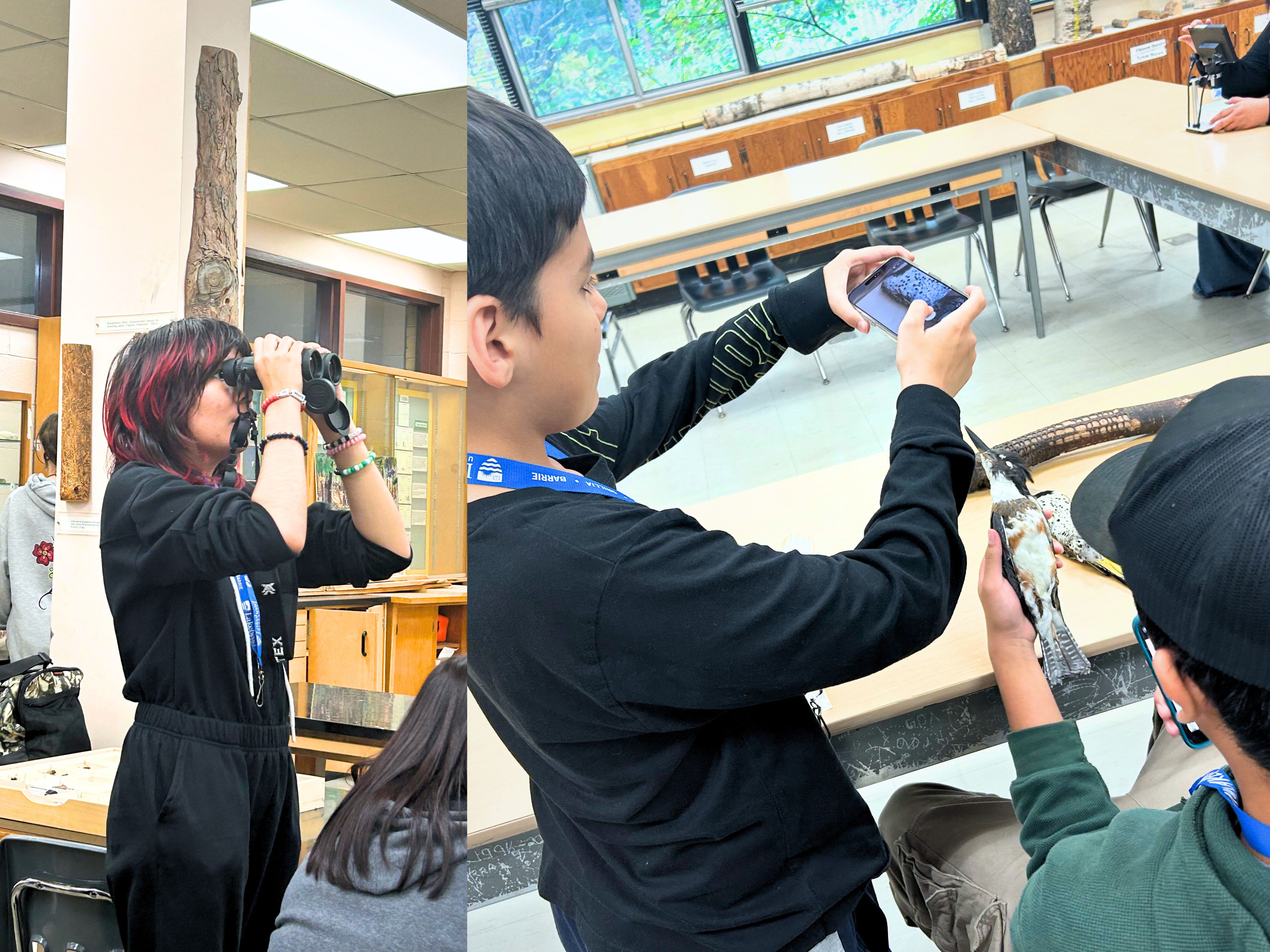 A student tests binoculars while classmates examine a bird specimen during their visit to Lakehead’s NRM Faculty.