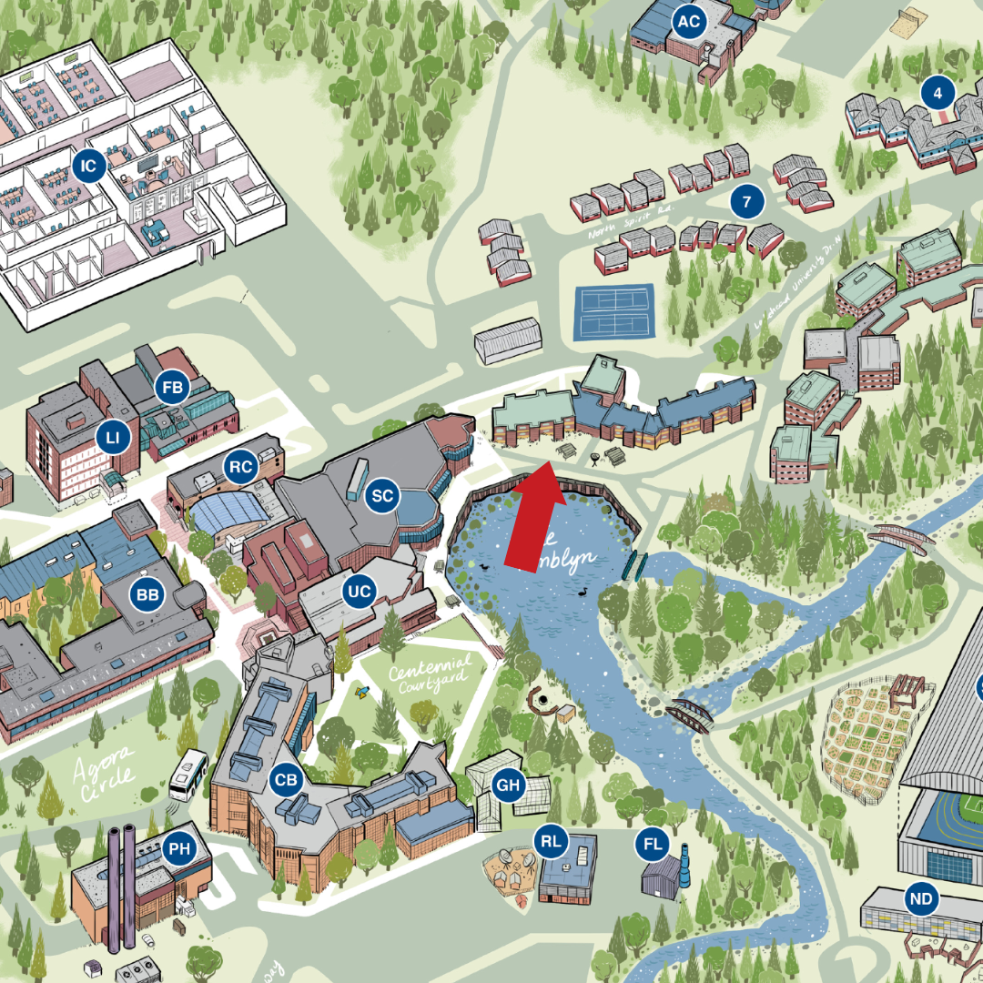 map of lakehead campus with red arrow pointing to a lawn outside of Student Health and Wellness