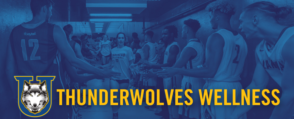 Female volleyball player running down tunnel receiving high fives from male basketball players text reads Thunderwolves Wellness