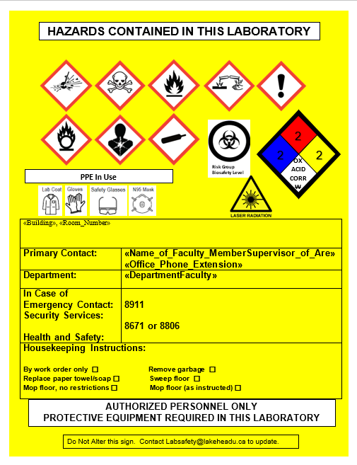 Example of signage for laboratory doors depicting hazards and protective measures required