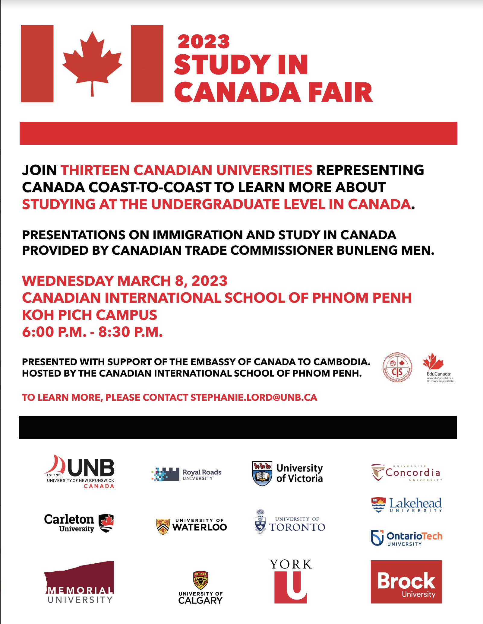 Event informational poster with the flag of Canada at the top left and university logos at the bottom