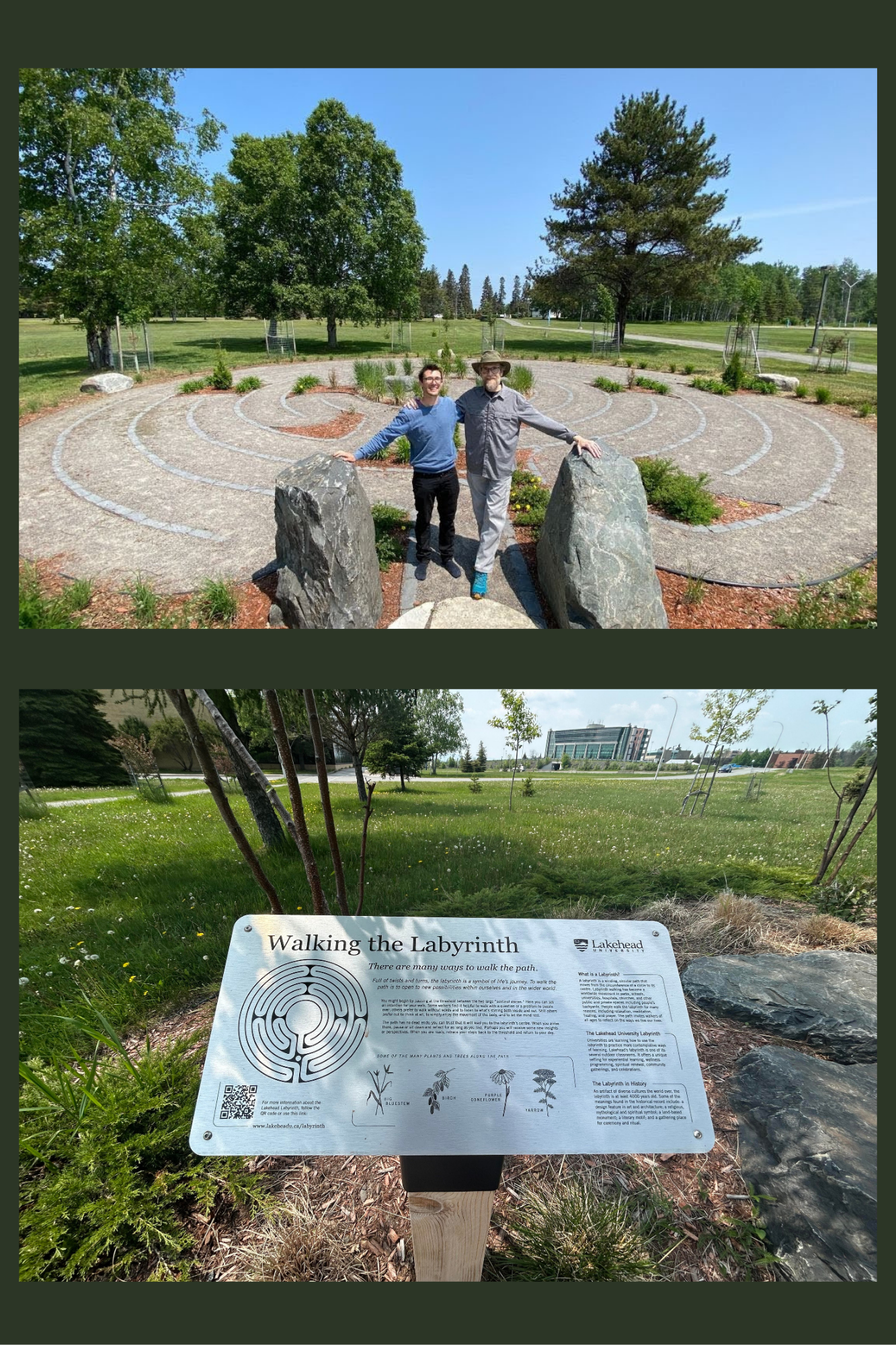 A collage of pictures is shown, one which is our on campus meditation labyrinth and the other is a of a plaque describing how to use the labyrinth.