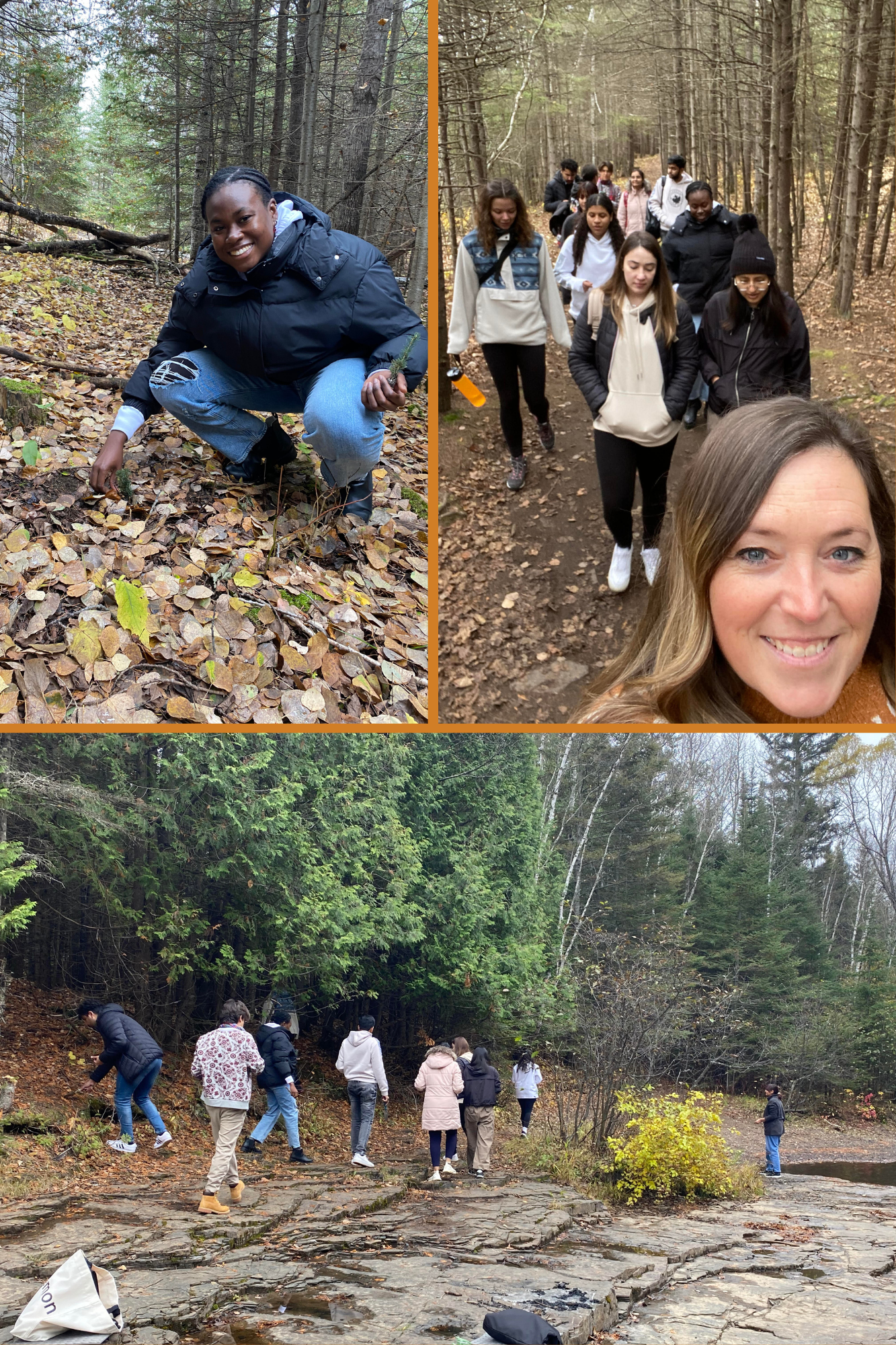 A photo collage of students, led by Sara Melvin participating in a Forest Therapy walk.