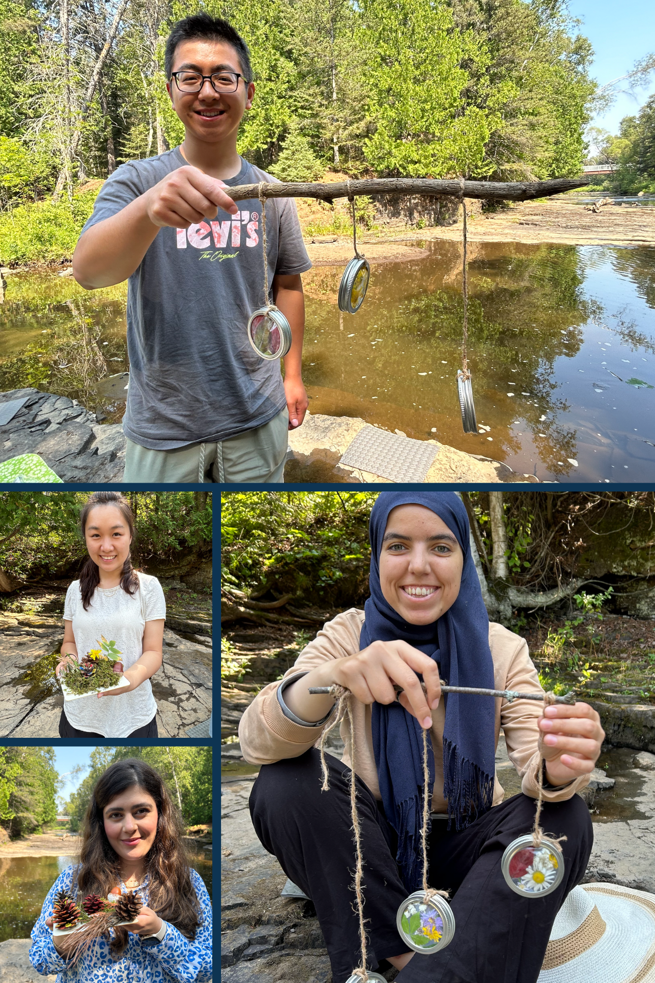 A photo collage of students making creative creation crafts at the banks of the McIntyre River.