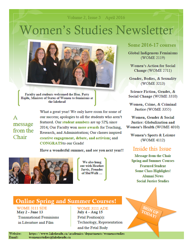 First page of newsletter showing 2 different images of women.