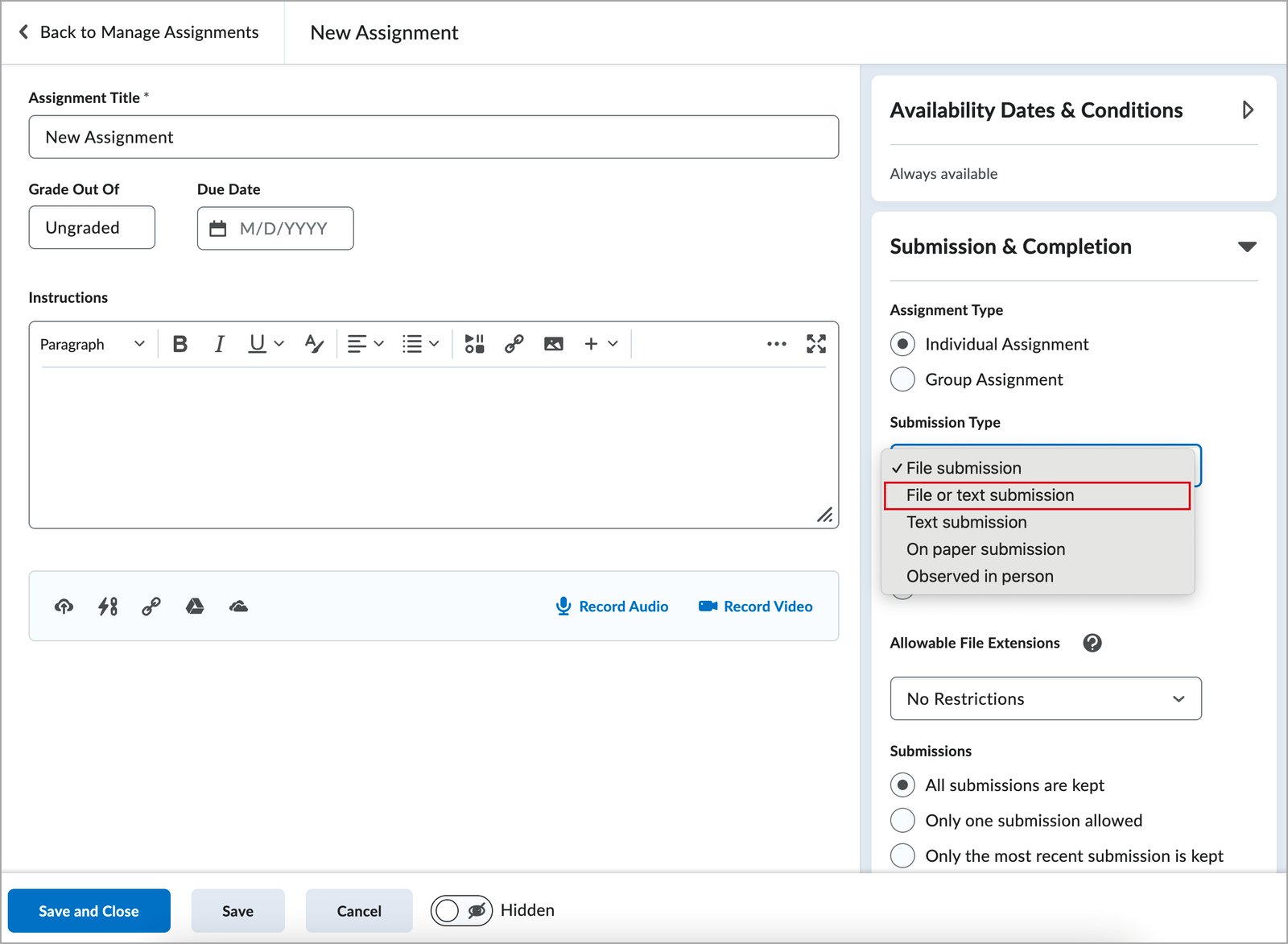 <br/>Figure: The new File or text submission option appears in the Submission Type dropdown on the New Assignment page.