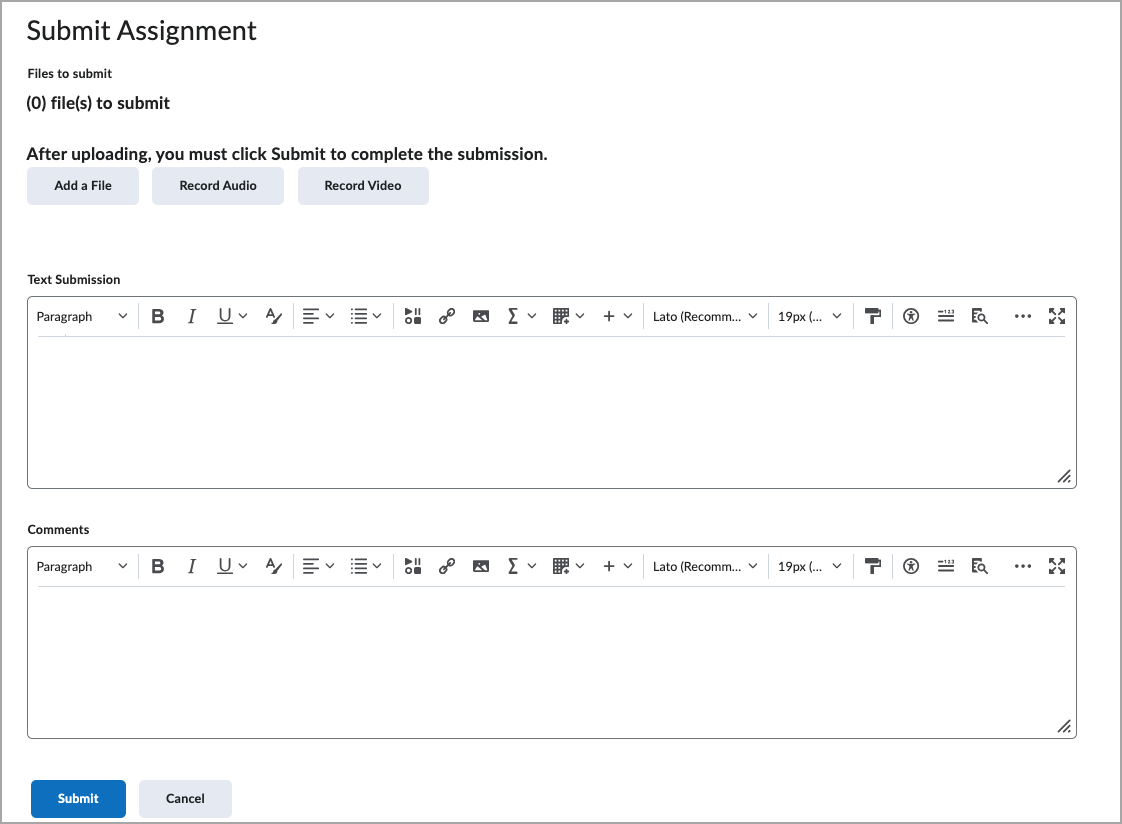 <br/>Figure: The new Submit Assignment page for learners, showing the option to submit files and the option to enter text in Brightspace Editor.