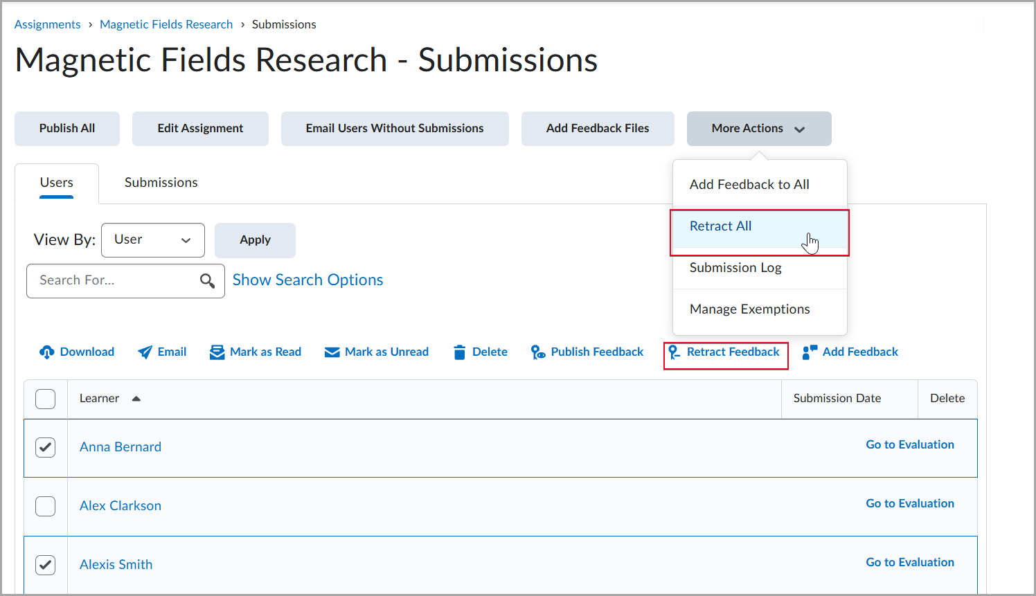 <br/>Figure: From the Submissions page, click More Actions and select Retract All to remove published feedback in bulk.