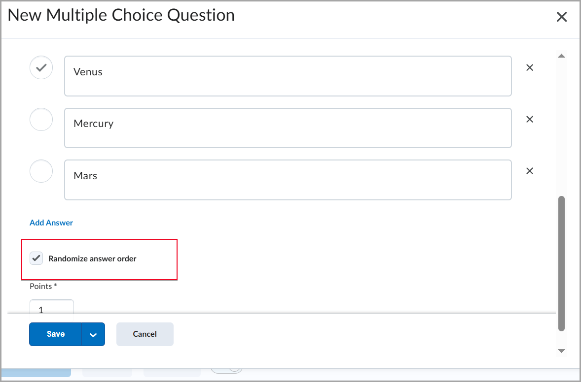 <br/>Figure: When creating a multiple-choice question, select Randomize answer order to present answer choices in a different order for each learner.