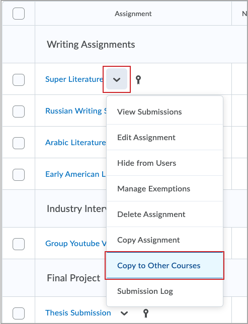 Screenshot showing the Copy To Other Courses option