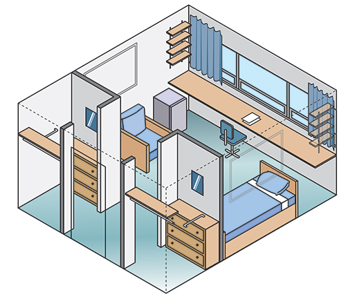 Bartley Single Room, Two Closets, Mini Fridge, Chair, Bed.