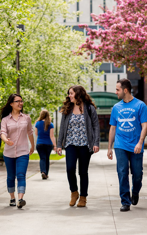 A photo of Students walking around Lakehead thunder bay campus